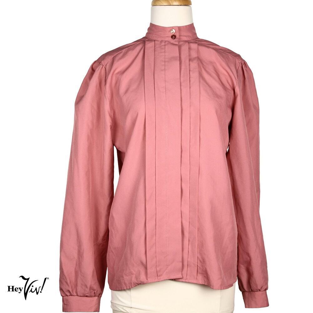 Vintage Dusty Rose Pleated Blouse High Neck 80s Secretary Style Top 38 - Hey Viv